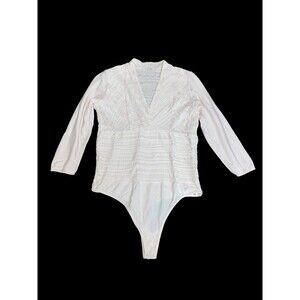 Wolford Long Sleeve V-neck Pleated Semi Sheer Ivory Bodysuit Sz M Viscose Blend